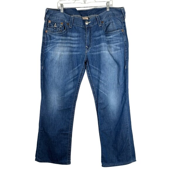 True Religion Mens Straight Jeans Size 38X29 Blue Denim Pocket Flaps USA Zip - Picture 1 of 16